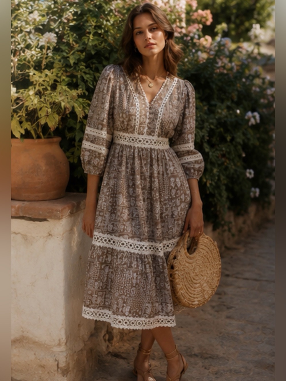 entro Taupe Patterned Lace-Trim Midi Dress